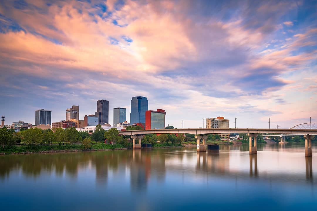 A skyline view seen on the river at twilight in Little Rock, Arkansas, USA.
